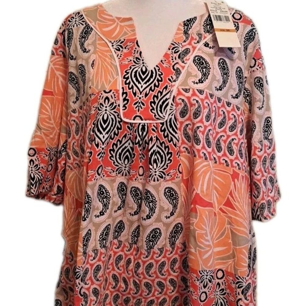 RUBY RD Bali Patchwork Print Split V Neck Short Sleeve Knit Tee sz 3X